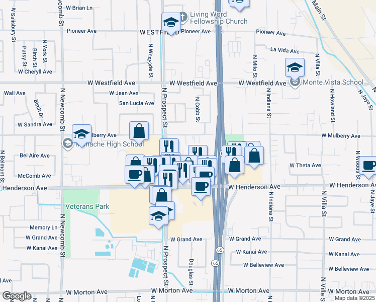 map of restaurants, bars, coffee shops, grocery stores, and more near 1101 Bel Aire Circle in Porterville