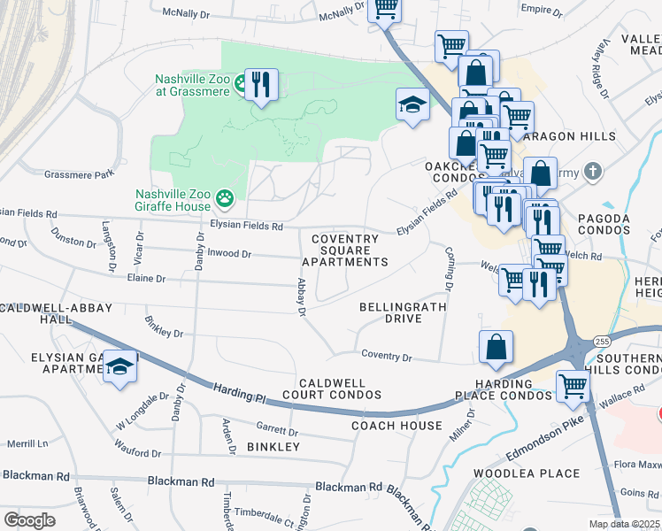 map of restaurants, bars, coffee shops, grocery stores, and more near 4857 Lynn Drive in Nashville