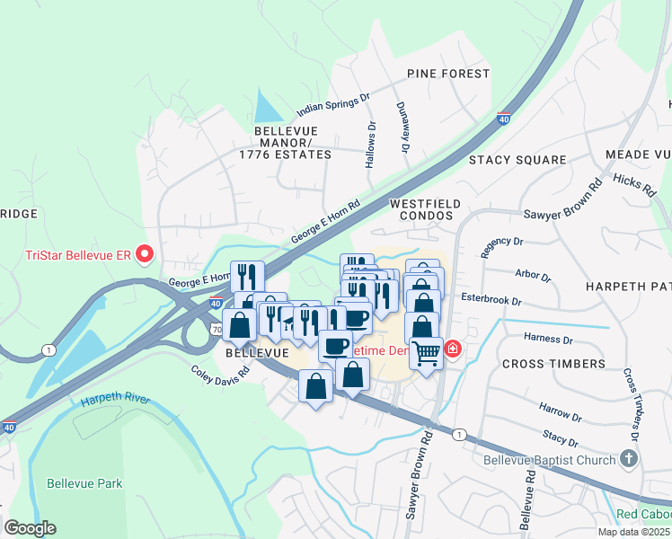 map of restaurants, bars, coffee shops, grocery stores, and more near 7632 Highway 70 South in Nashville