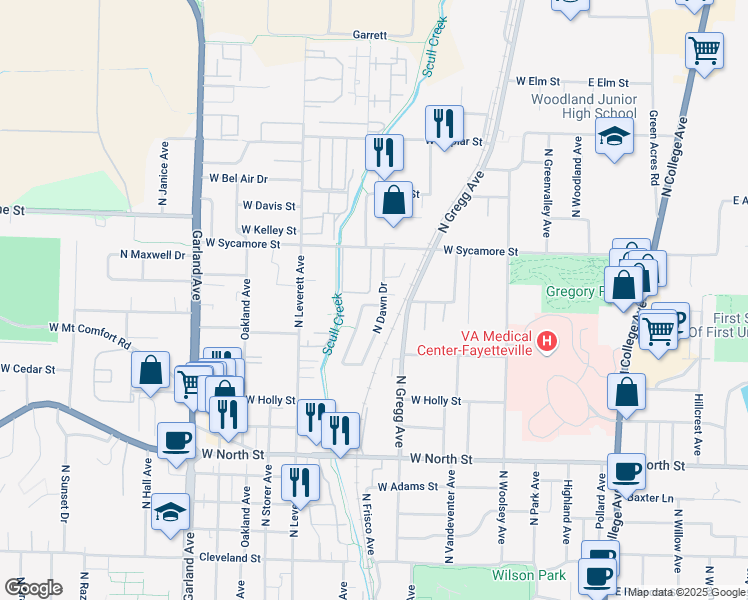 map of restaurants, bars, coffee shops, grocery stores, and more near 1540 North Dawn Drive in Fayetteville