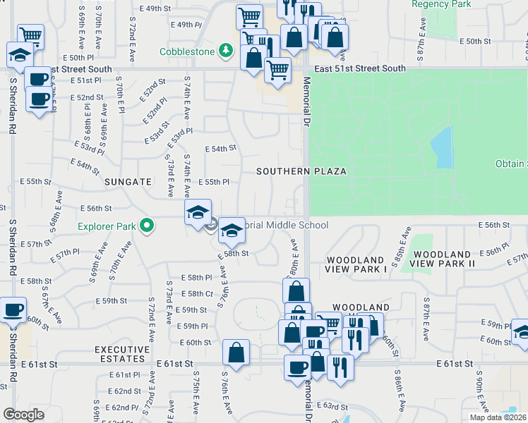 map of restaurants, bars, coffee shops, grocery stores, and more near 7717 East 57th Street in Tulsa