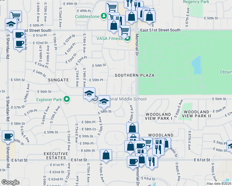 map of restaurants, bars, coffee shops, grocery stores, and more near 7717 East 57th Street in Tulsa
