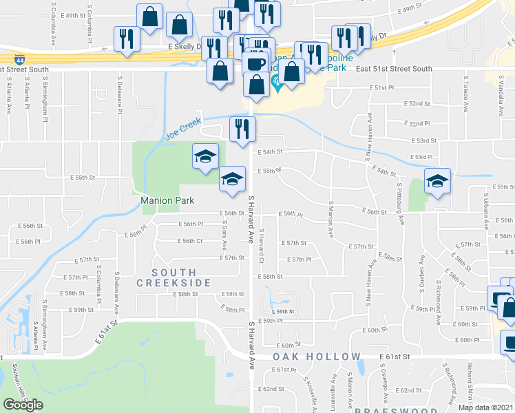 map of restaurants, bars, coffee shops, grocery stores, and more near 3305 East 56th Place in Tulsa