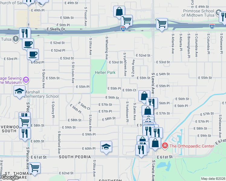 map of restaurants, bars, coffee shops, grocery stores, and more near 1769 East 56th Street in Tulsa