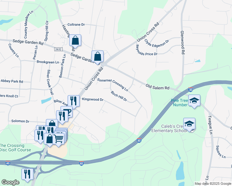 map of restaurants, bars, coffee shops, grocery stores, and more near 1165 Birch Hill Drive in Kernersville