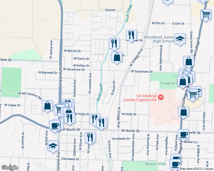map of restaurants, bars, coffee shops, grocery stores, and more near 684 West Martha Drive in Fayetteville