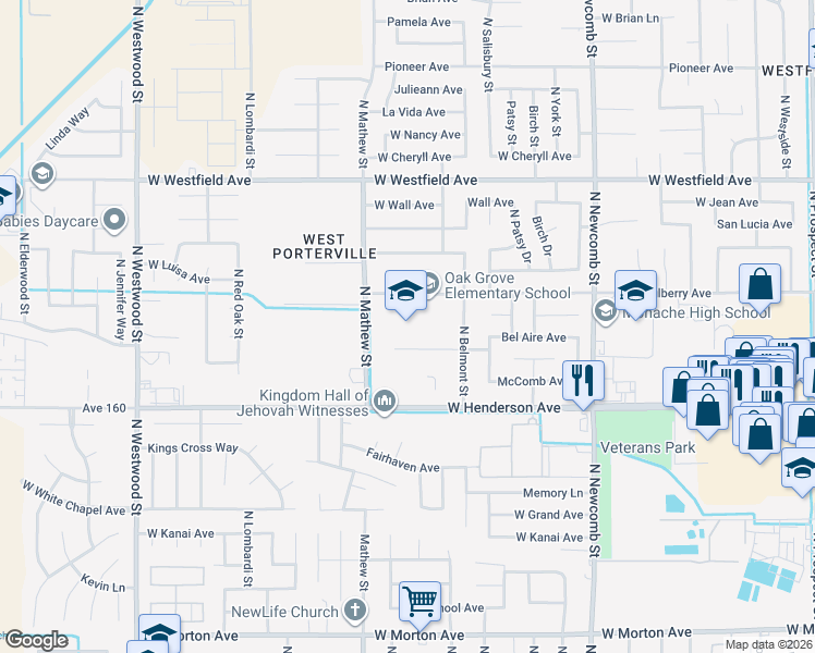 map of restaurants, bars, coffee shops, grocery stores, and more near 1873 West Mulberry Avenue in Porterville