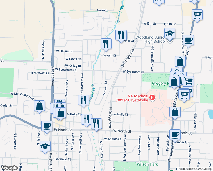 map of restaurants, bars, coffee shops, grocery stores, and more near 1550 North Dawn Drive in Fayetteville