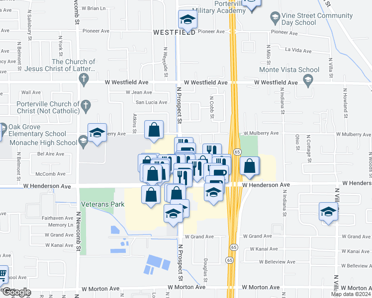 map of restaurants, bars, coffee shops, grocery stores, and more near 1184 Bel Aire Circle in Porterville