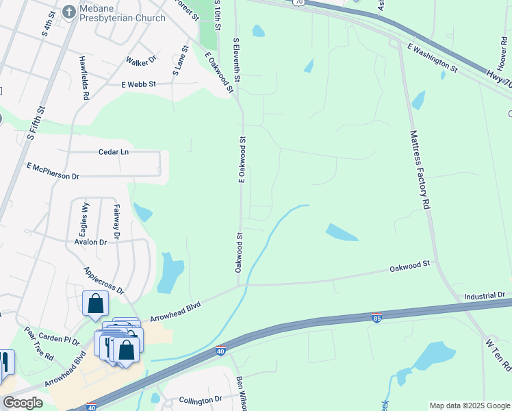 map of restaurants, bars, coffee shops, grocery stores, and more near 1015 Abbott Street in Mebane