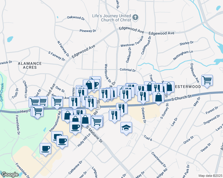 map of restaurants, bars, coffee shops, grocery stores, and more near 508 Shadowbrook Court in Burlington