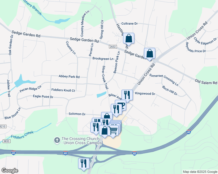 map of restaurants, bars, coffee shops, grocery stores, and more near 365 Silver Creek Trail in Kernersville