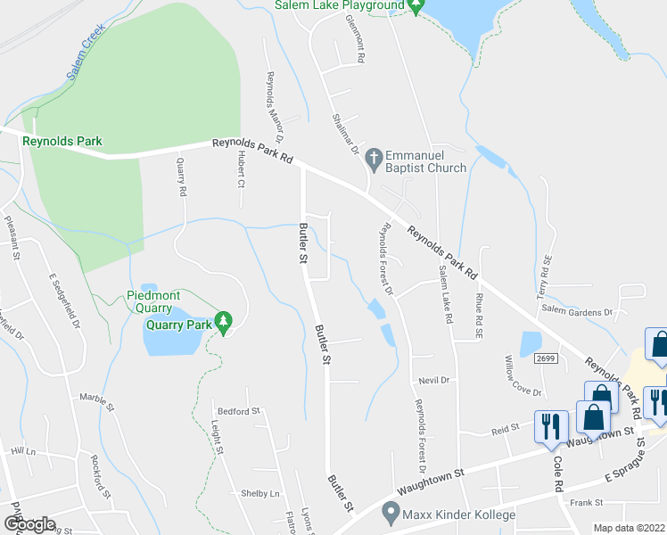 map of restaurants, bars, coffee shops, grocery stores, and more near 1257 Stonefield Crossing Court in Winston-Salem