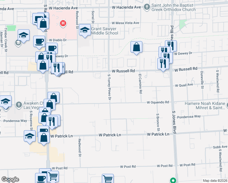 map of restaurants, bars, coffee shops, grocery stores, and more near 6437 West Quail Avenue in Las Vegas