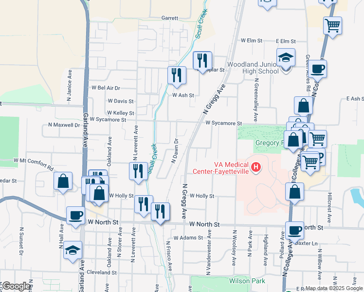 map of restaurants, bars, coffee shops, grocery stores, and more near 1558 North Dawn Drive in Fayetteville