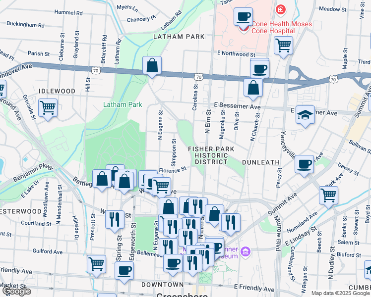 map of restaurants, bars, coffee shops, grocery stores, and more near 422 Fisher Park Circle in Greensboro