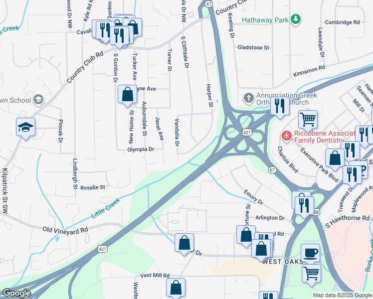 map of restaurants, bars, coffee shops, grocery stores, and more near 518 Harper Street in Winston-Salem