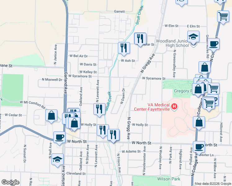 map of restaurants, bars, coffee shops, grocery stores, and more near 1501 North Bernice Drive in Fayetteville