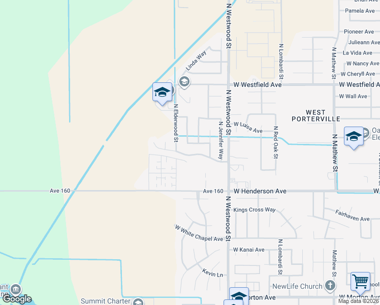 map of restaurants, bars, coffee shops, grocery stores, and more near 2550 West Porter Creek Avenue in Porterville