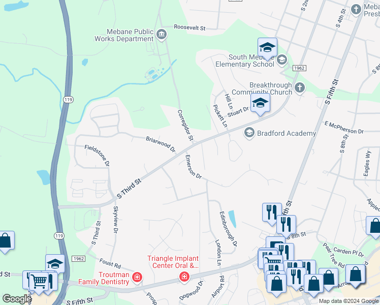 map of restaurants, bars, coffee shops, grocery stores, and more near 330 Emerson Drive in Mebane