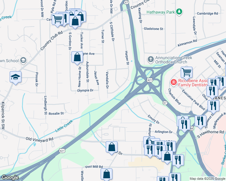 map of restaurants, bars, coffee shops, grocery stores, and more near 518 Harper Street in Winston-Salem