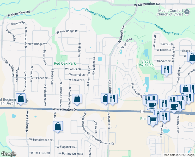 map of restaurants, bars, coffee shops, grocery stores, and more near 4133 West Monet Drive in Fayetteville