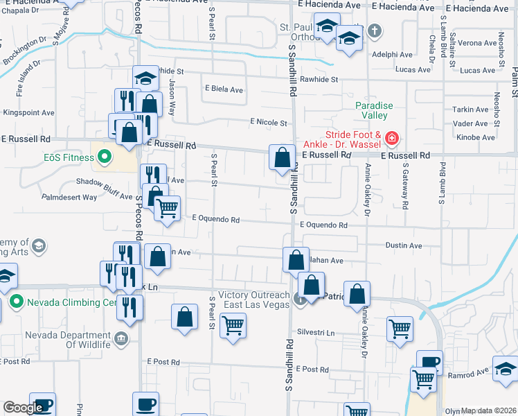 map of restaurants, bars, coffee shops, grocery stores, and more near 3730 East Oquendo Road in Las Vegas