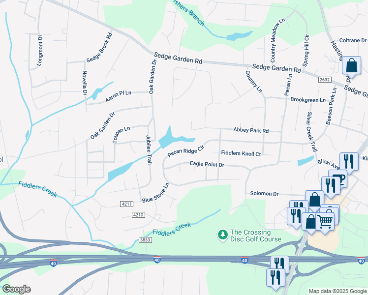 map of restaurants, bars, coffee shops, grocery stores, and more near 755 Pecan Ridge Circle in Kernersville