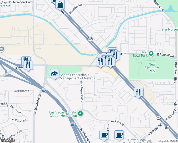 map of restaurants, bars, coffee shops, grocery stores, and more near 5844 Aimless Street in Henderson