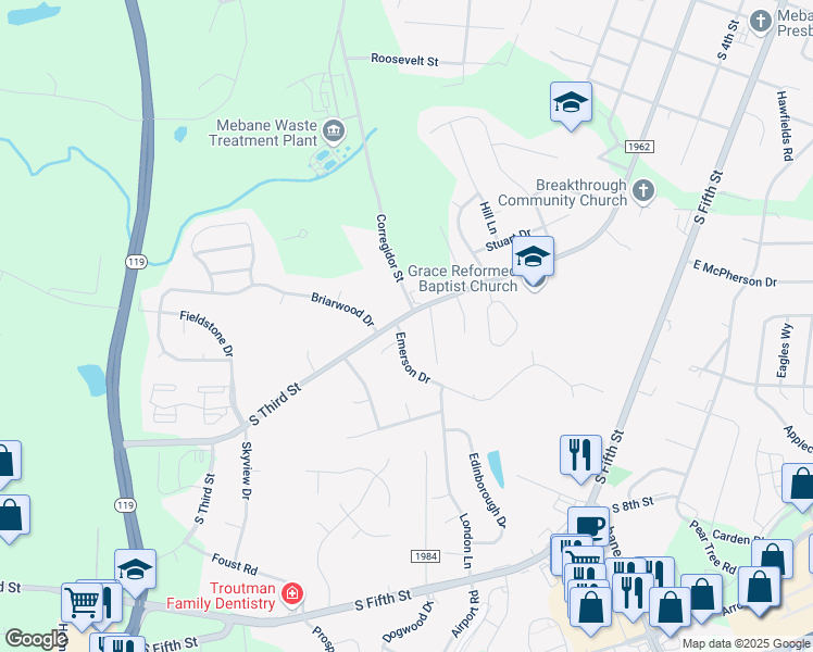 map of restaurants, bars, coffee shops, grocery stores, and more near 330 Emerson Drive in Mebane