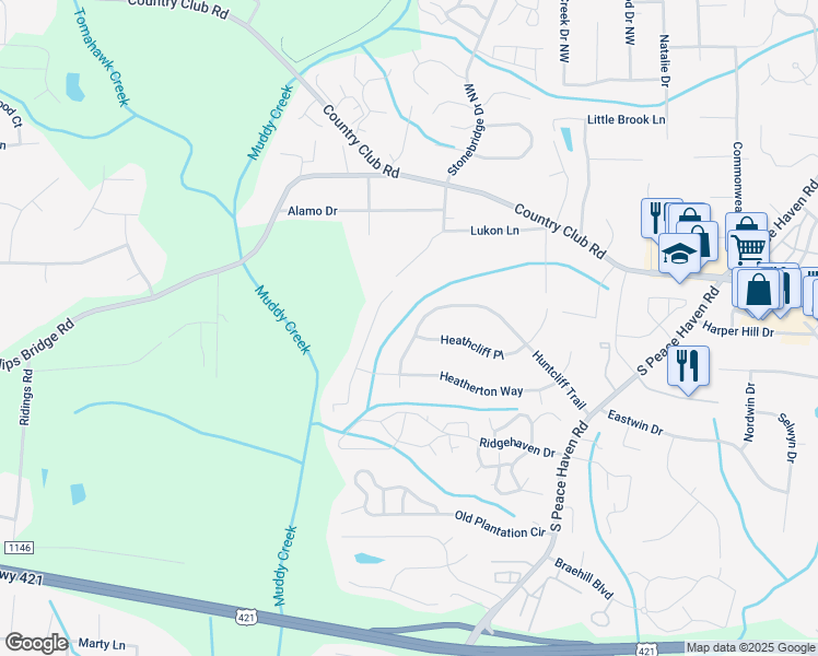 map of restaurants, bars, coffee shops, grocery stores, and more near 5188 Huntcliff Trail in Winston-Salem