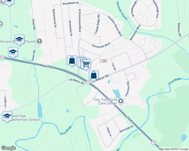 map of restaurants, bars, coffee shops, grocery stores, and more near 1212 Saint Marys Road in Hillsborough