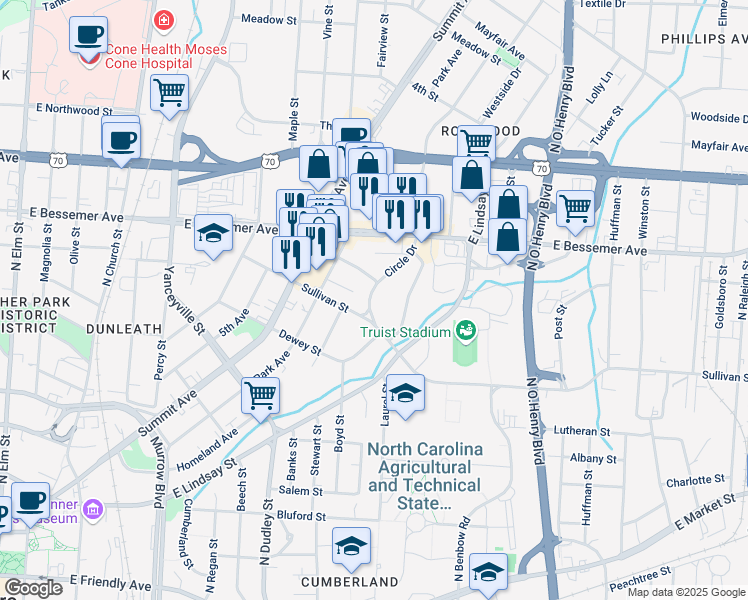 map of restaurants, bars, coffee shops, grocery stores, and more near 825 Circle Drive in Greensboro