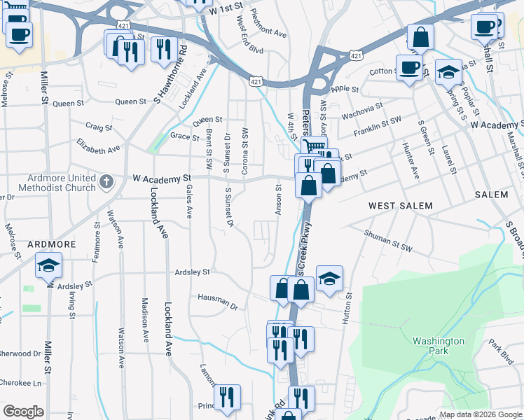 map of restaurants, bars, coffee shops, grocery stores, and more near 1545 Gaston Street Southwest in Winston-Salem