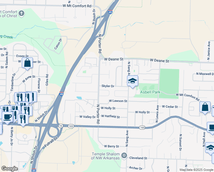 map of restaurants, bars, coffee shops, grocery stores, and more near 2369 Skyler Drive in Fayetteville