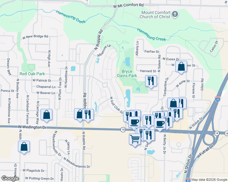 map of restaurants, bars, coffee shops, grocery stores, and more near 1610 North Merion Way in Fayetteville