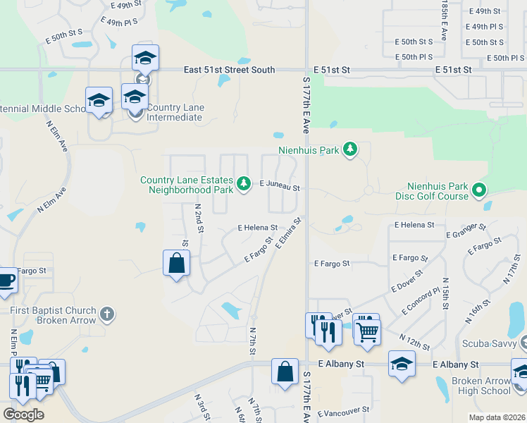 map of restaurants, bars, coffee shops, grocery stores, and more near 600 East Helena Street in Broken Arrow