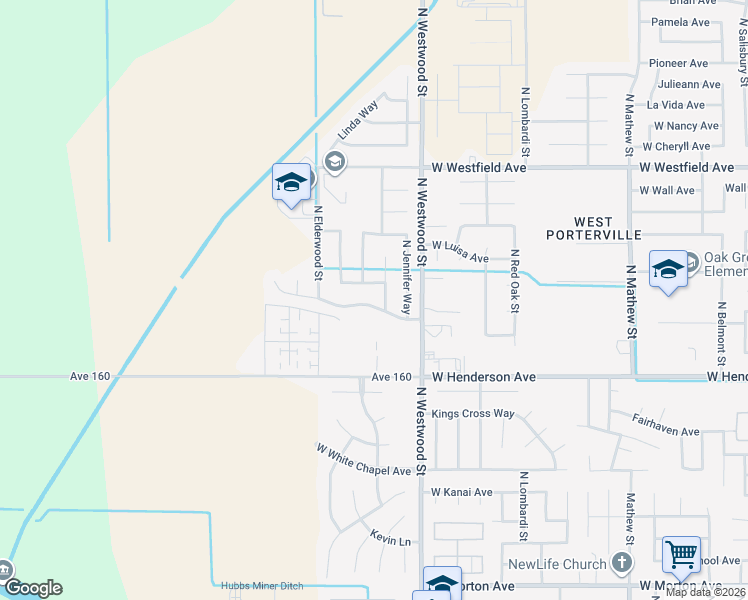 map of restaurants, bars, coffee shops, grocery stores, and more near 2490 West Porter Creek Avenue in Porterville