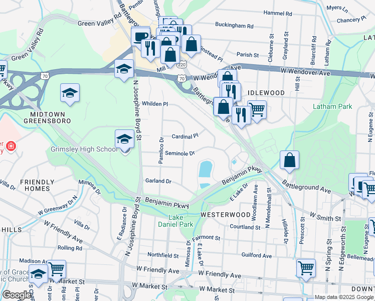 map of restaurants, bars, coffee shops, grocery stores, and more near 1368 Seminole Drive in Greensboro
