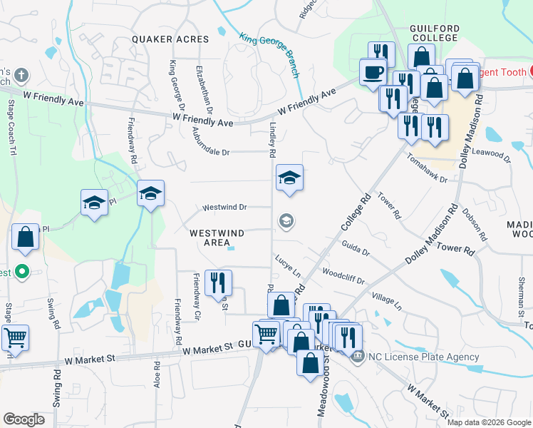 map of restaurants, bars, coffee shops, grocery stores, and more near 309 Lindley Road in Greensboro