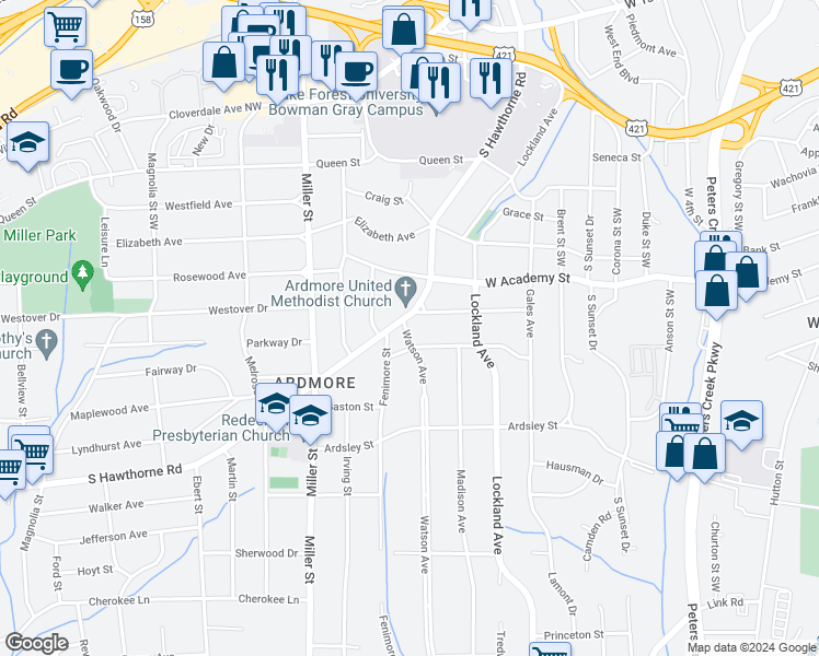 map of restaurants, bars, coffee shops, grocery stores, and more near 707 Watson Avenue in Winston-Salem