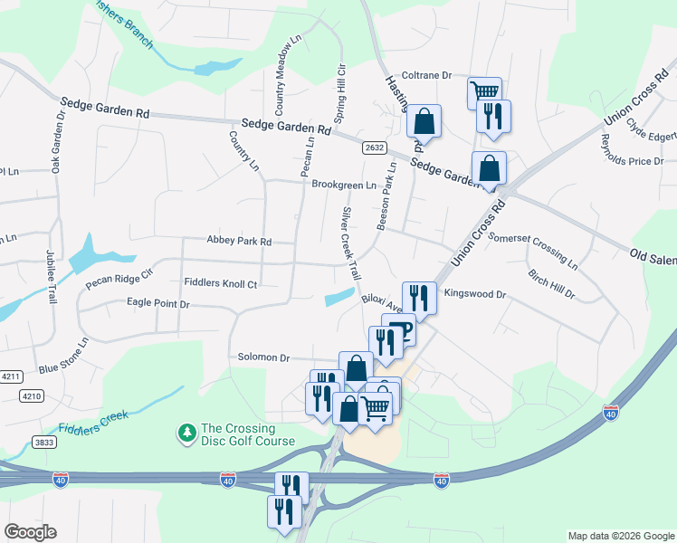 map of restaurants, bars, coffee shops, grocery stores, and more near 355 Rosehaven Court in Kernersville