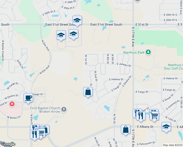 map of restaurants, bars, coffee shops, grocery stores, and more near 3115 North 1st Street in Broken Arrow