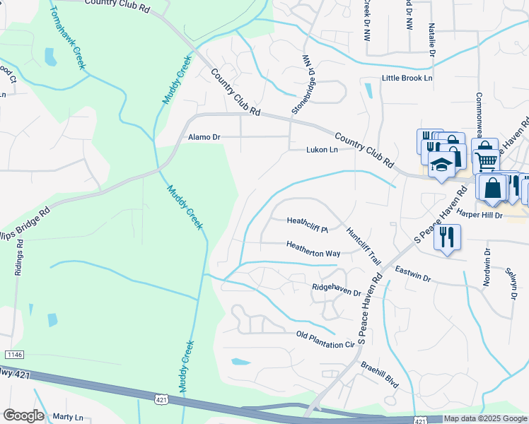 map of restaurants, bars, coffee shops, grocery stores, and more near 5188 Huntcliff Trail in Winston-Salem