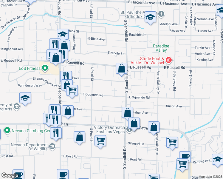 map of restaurants, bars, coffee shops, grocery stores, and more near 3730 East Oquendo Road in Las Vegas