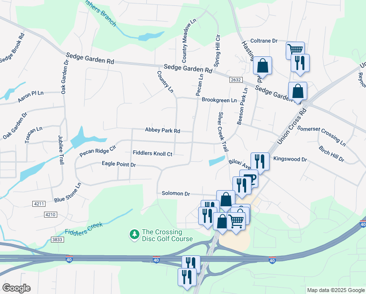 map of restaurants, bars, coffee shops, grocery stores, and more near 909 Pecan Ridge Circle in Kernersville