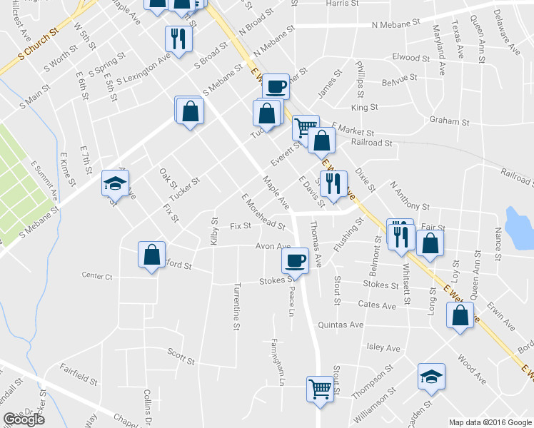 map of restaurants, bars, coffee shops, grocery stores, and more near 529 South Anthony Street in Burlington