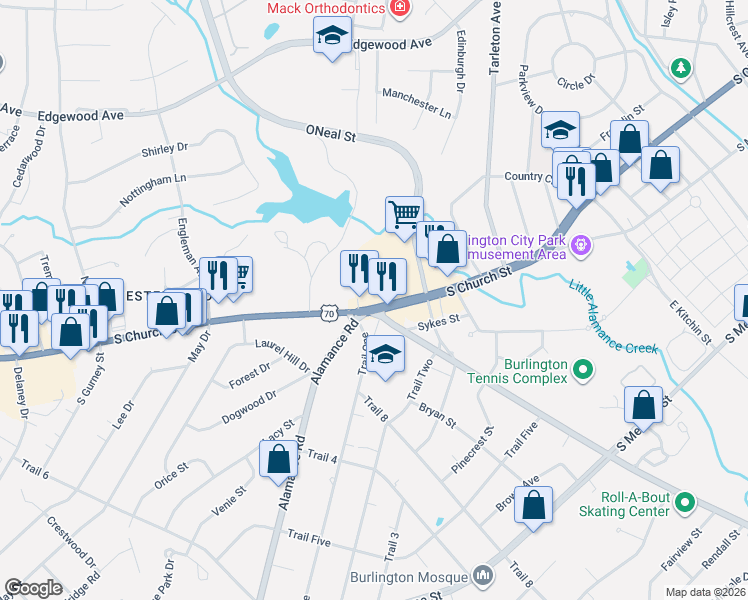 map of restaurants, bars, coffee shops, grocery stores, and more near 1833 S Church St in Burlington