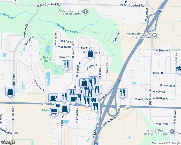 map of restaurants, bars, coffee shops, grocery stores, and more near 1524 Greenleaf Drive in Fayetteville
