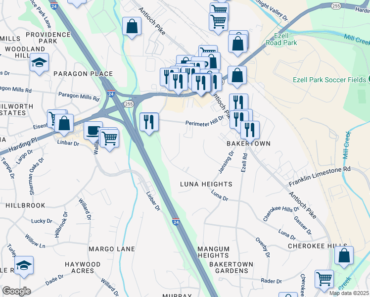 map of restaurants, bars, coffee shops, grocery stores, and more near 317 Josam Drive in Nashville